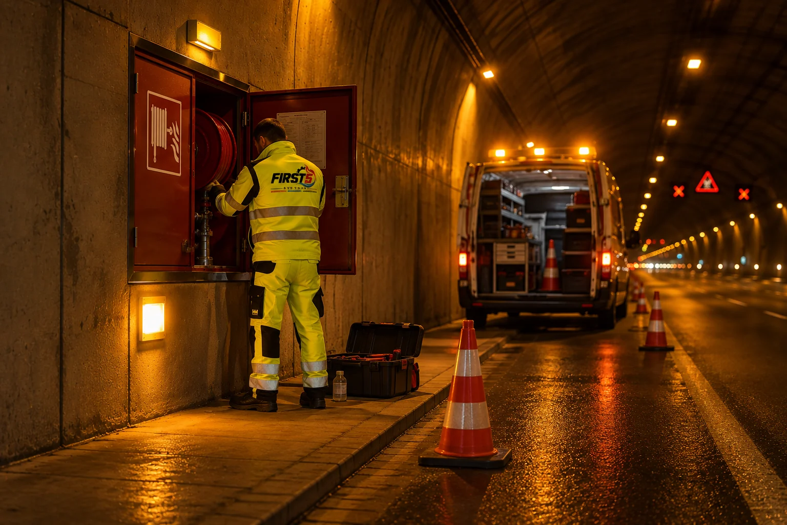 Techniker bei Arbeiten an einem Feuerlöschschrank im Tunnel